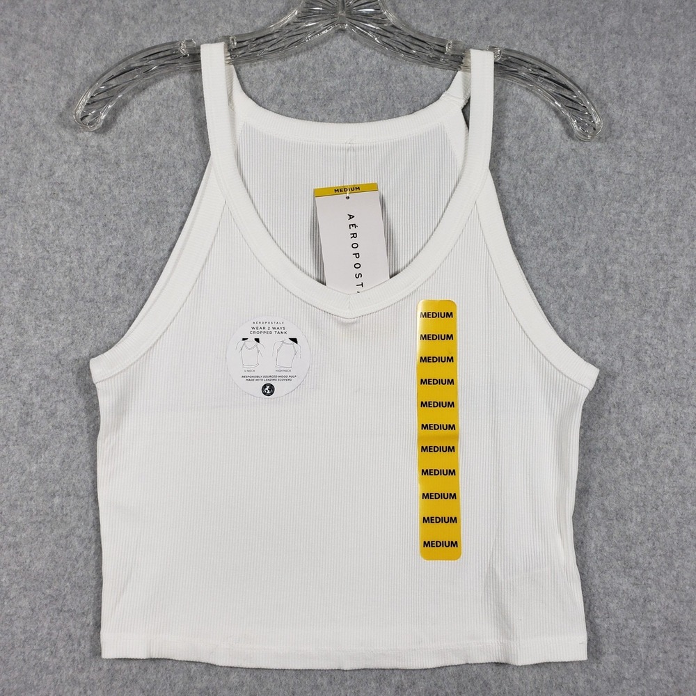 Aeropostale Womens Cropped Tank Top Wear 2 Ways Ribbed Medium White 146849 NEW